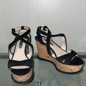 Prada Black Suede Cork Wedge